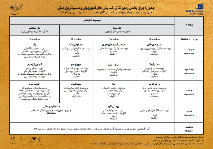 جدول بخش رادیوتئاتر چهل و دومین جشنواره بین المللی تئاتر فجر